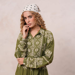 Women’s Olive Green Viscose Embroidered Maxi Dress