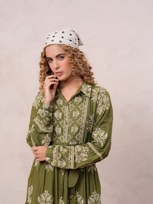 Women’s Olive Green Viscose Embroidered Maxi Dress