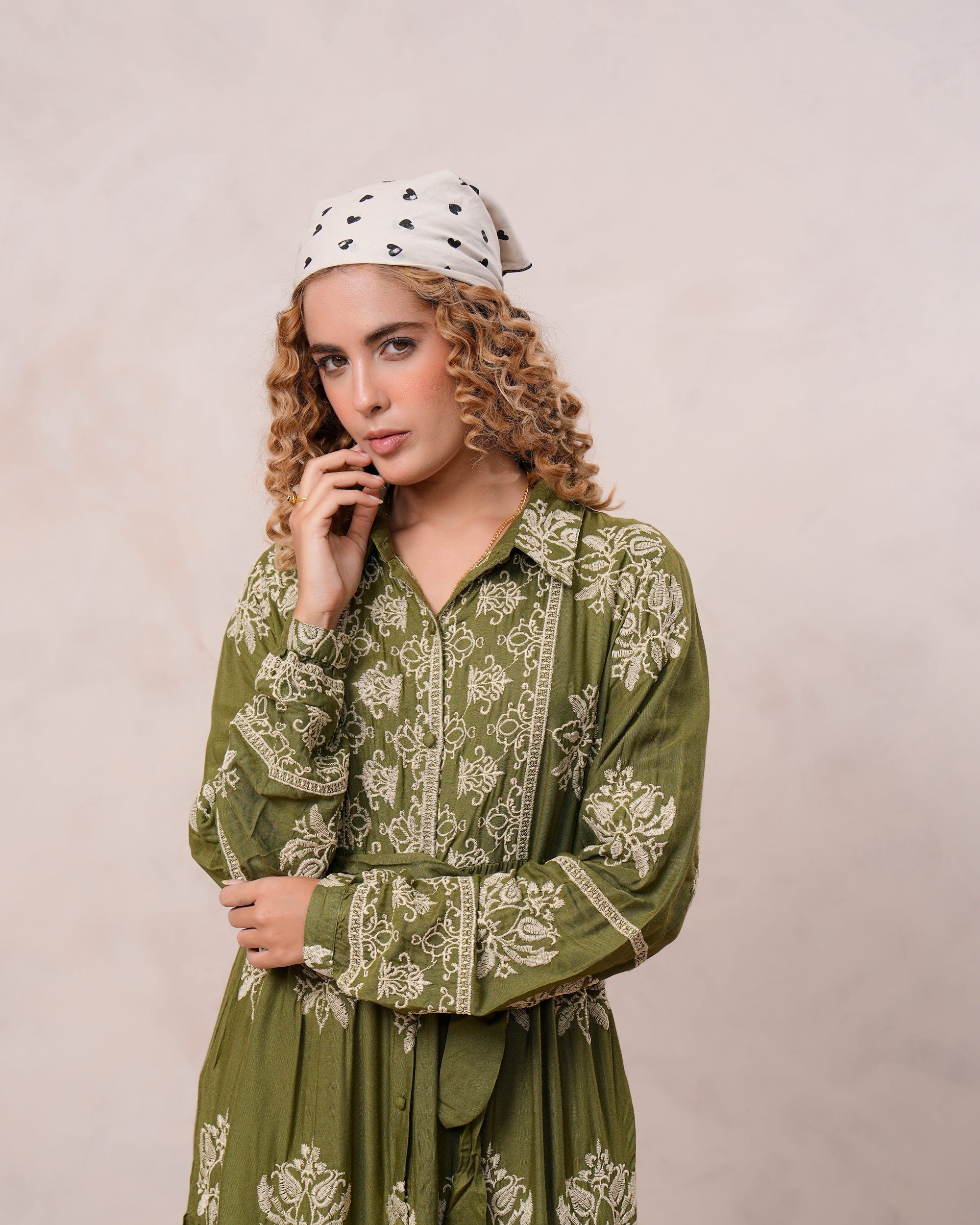 Women’s Olive Green Viscose Embroidered Maxi Dress