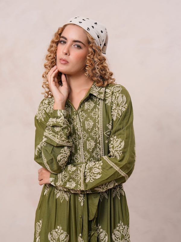 Women’s Olive Green Viscose Embroidered Maxi Dress