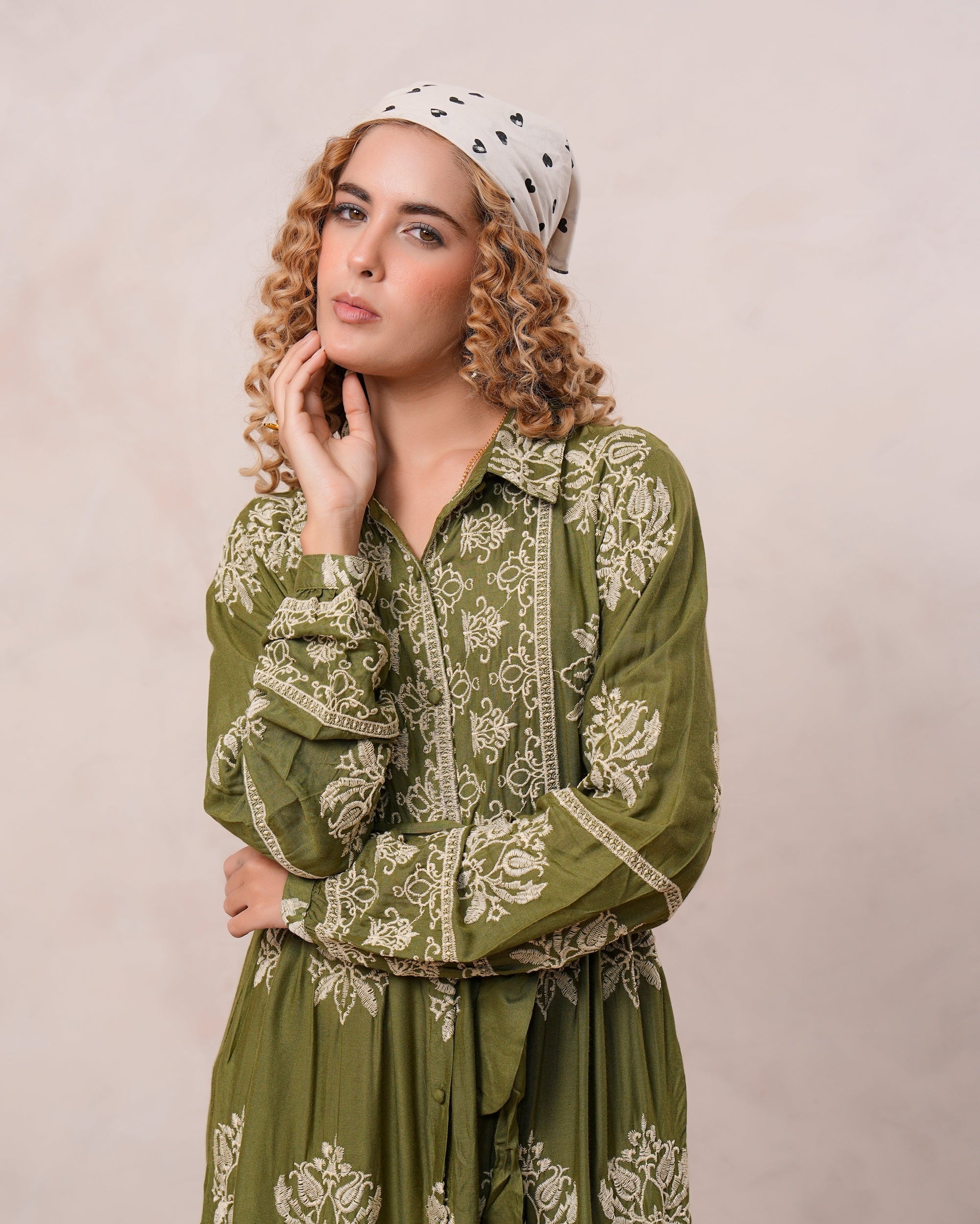 Women’s Olive Green Viscose Embroidered Maxi Dress
