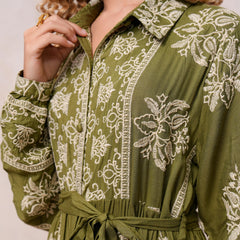 Women’s Olive Green Viscose Embroidered Maxi Dress
