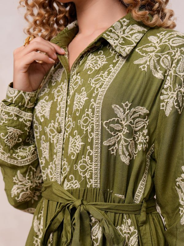 Women’s Olive Green Viscose Embroidered Maxi Dress