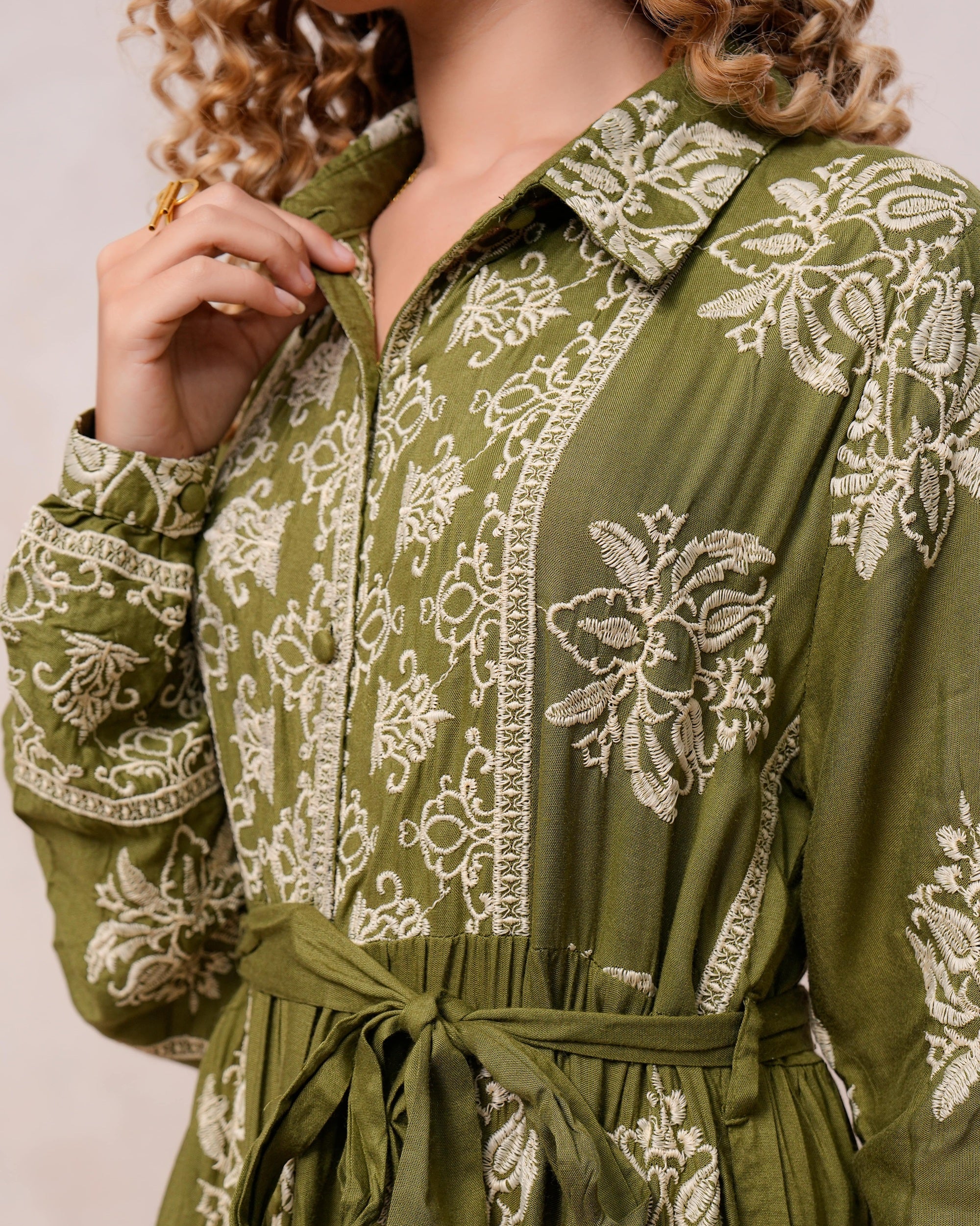 Women’s Olive Green Viscose Embroidered Maxi Dress