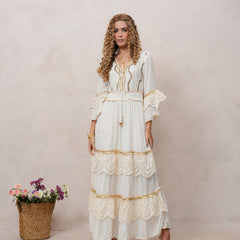 Women’s Off White Viscose Embroidered Maxi Dress with V-Neck