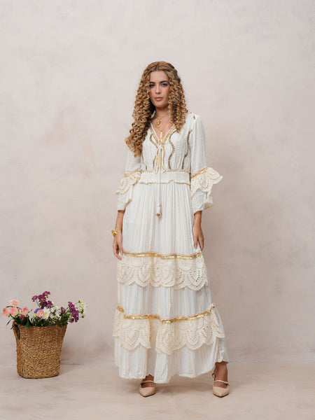Women’s Off White Viscose Embroidered Maxi Dress with V-Neck