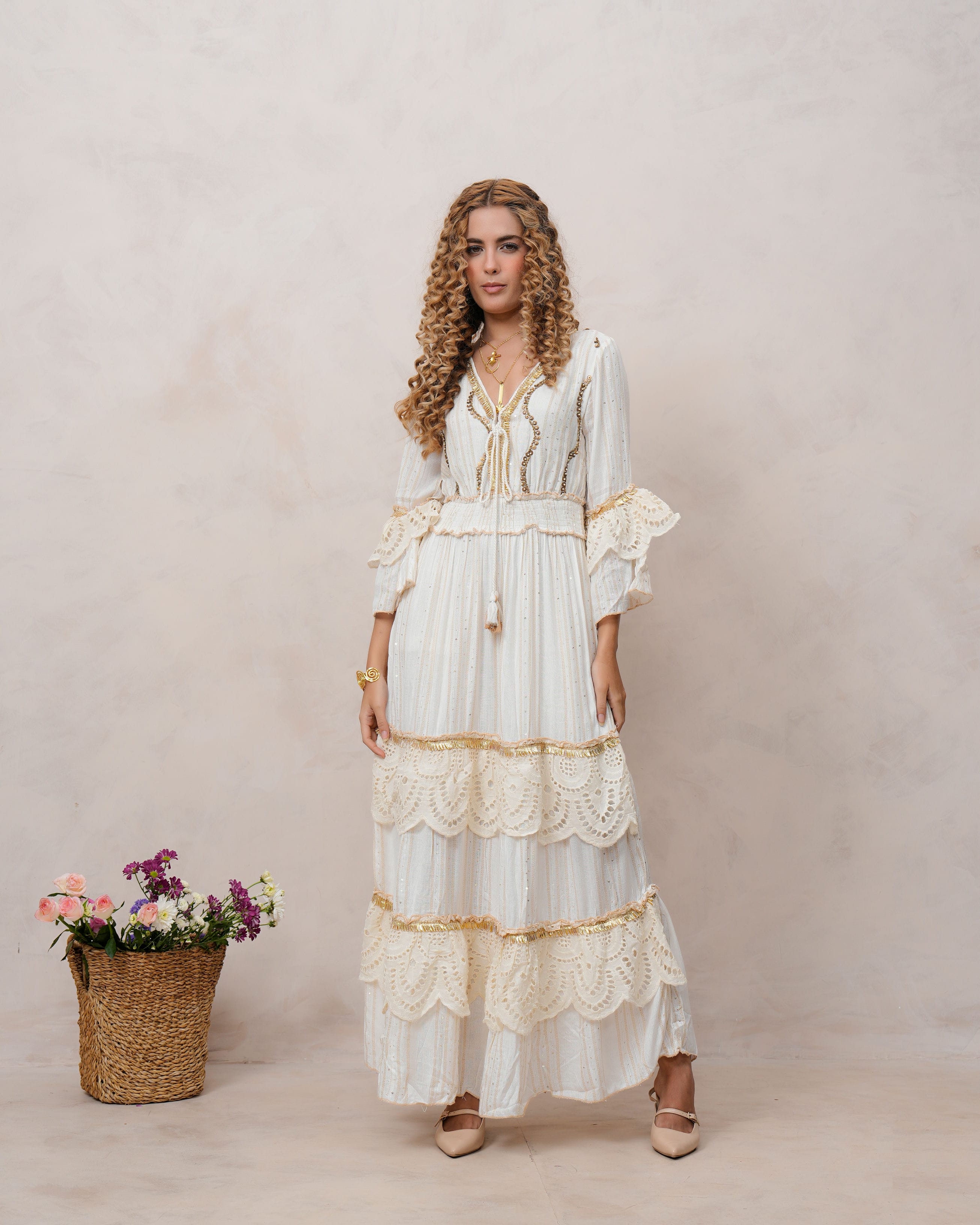 Women’s Off White Viscose Embroidered Maxi Dress with V-Neck