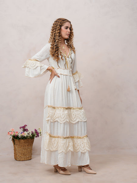 Women’s Off White Viscose Embroidered Maxi Dress with V-Neck