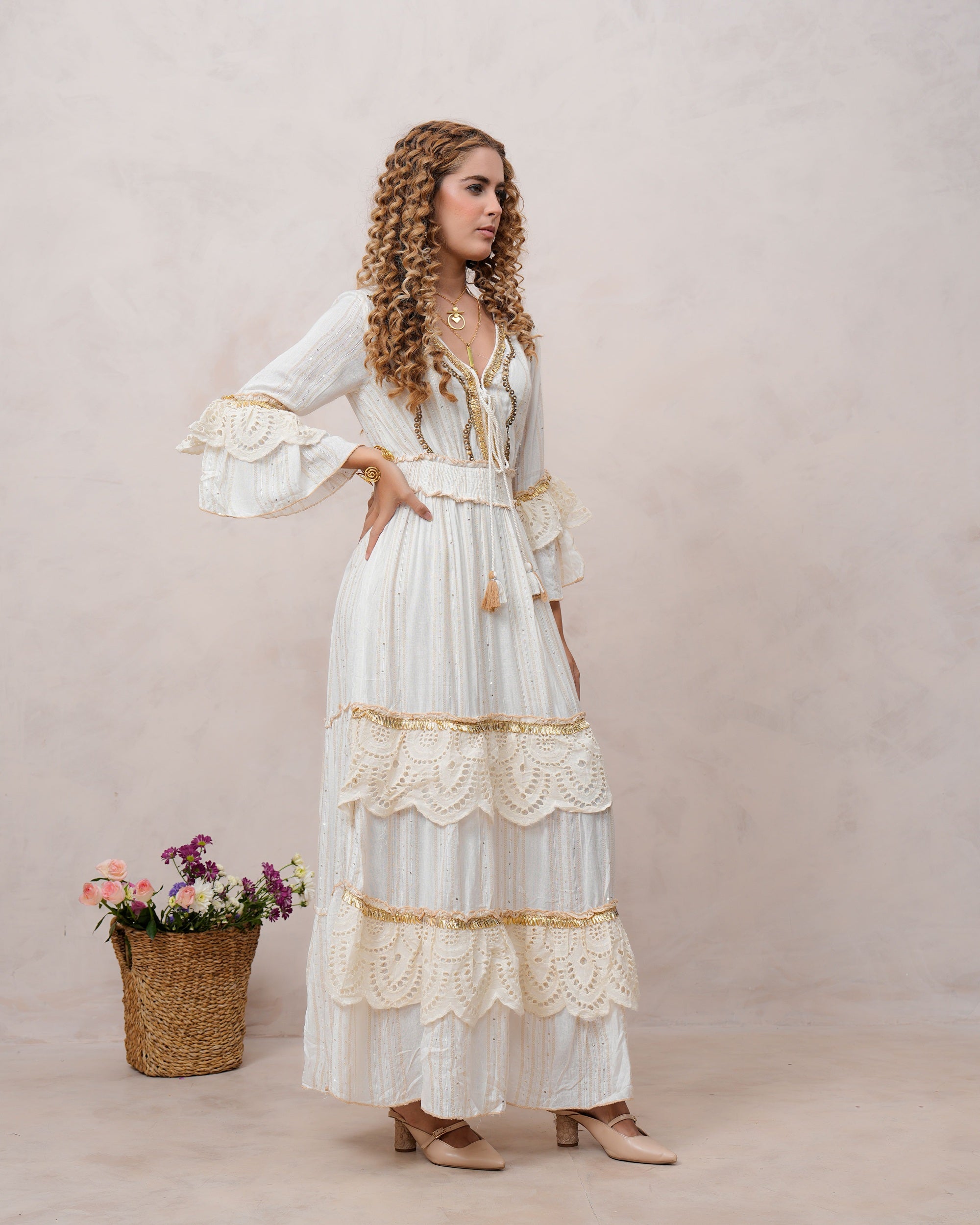 Women’s Off White Viscose Embroidered Maxi Dress with V-Neck