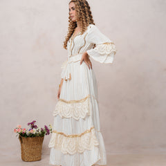 Women’s Off White Viscose Embroidered Maxi Dress with V-Neck