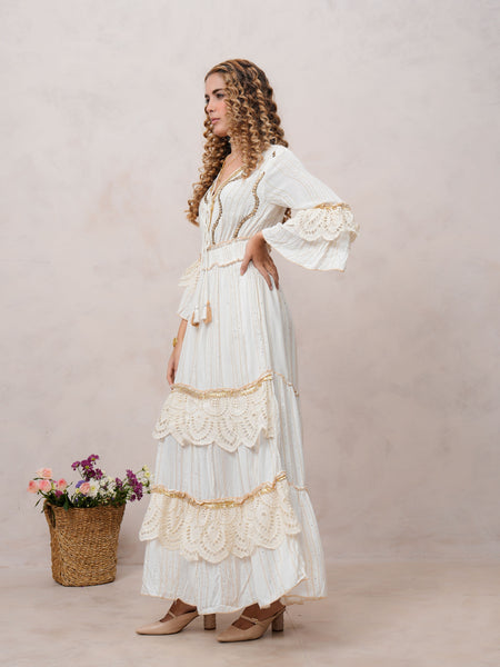 Women’s Off White Viscose Embroidered Maxi Dress with V-Neck