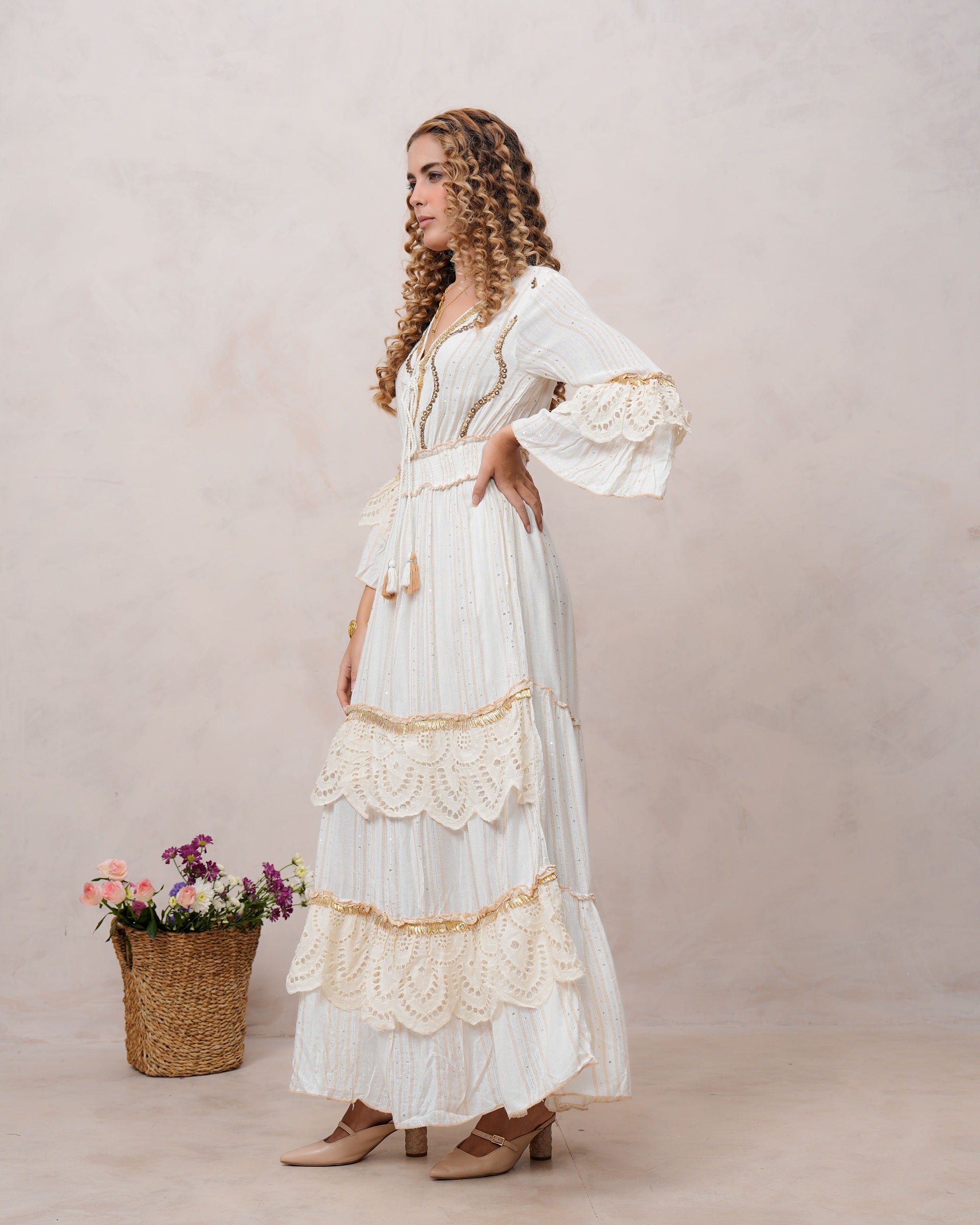 Women’s Off White Viscose Embroidered Maxi Dress with V-Neck
