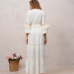Women’s Off White Viscose Embroidered Maxi Dress with V-Neck