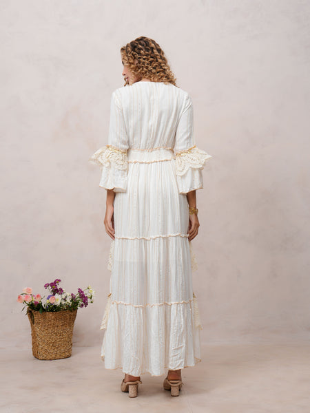 Women’s Off White Viscose Embroidered Maxi Dress with V-Neck