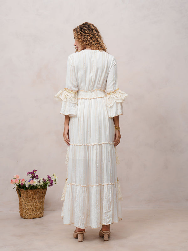 Women’s Off White Viscose Embroidered Maxi Dress with V-Neck