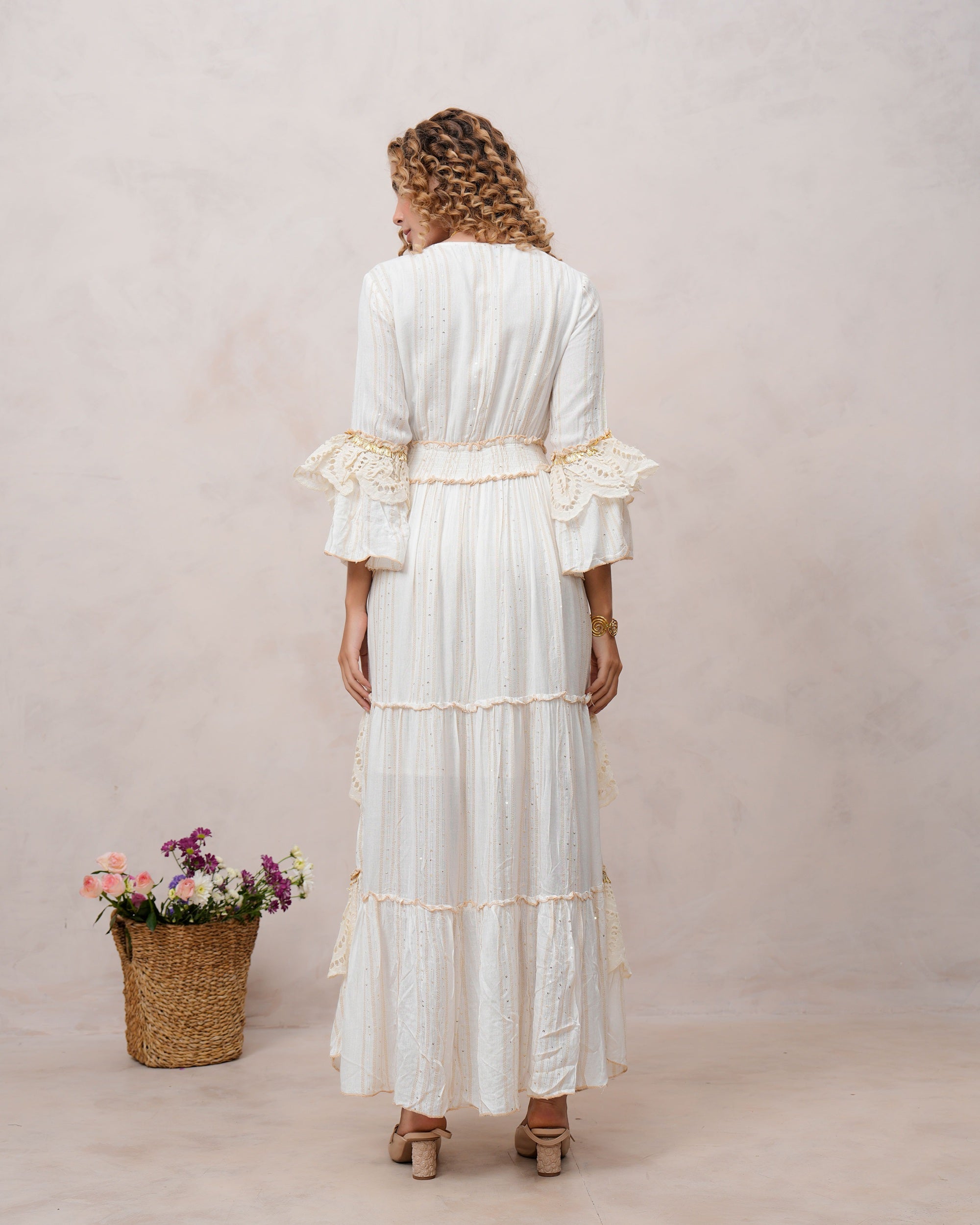 Women’s Off White Viscose Embroidered Maxi Dress with V-Neck