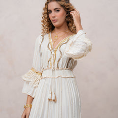 Women’s Off White Viscose Embroidered Maxi Dress with V-Neck