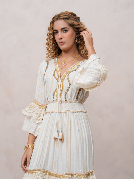 Women’s Off White Viscose Embroidered Maxi Dress with V-Neck
