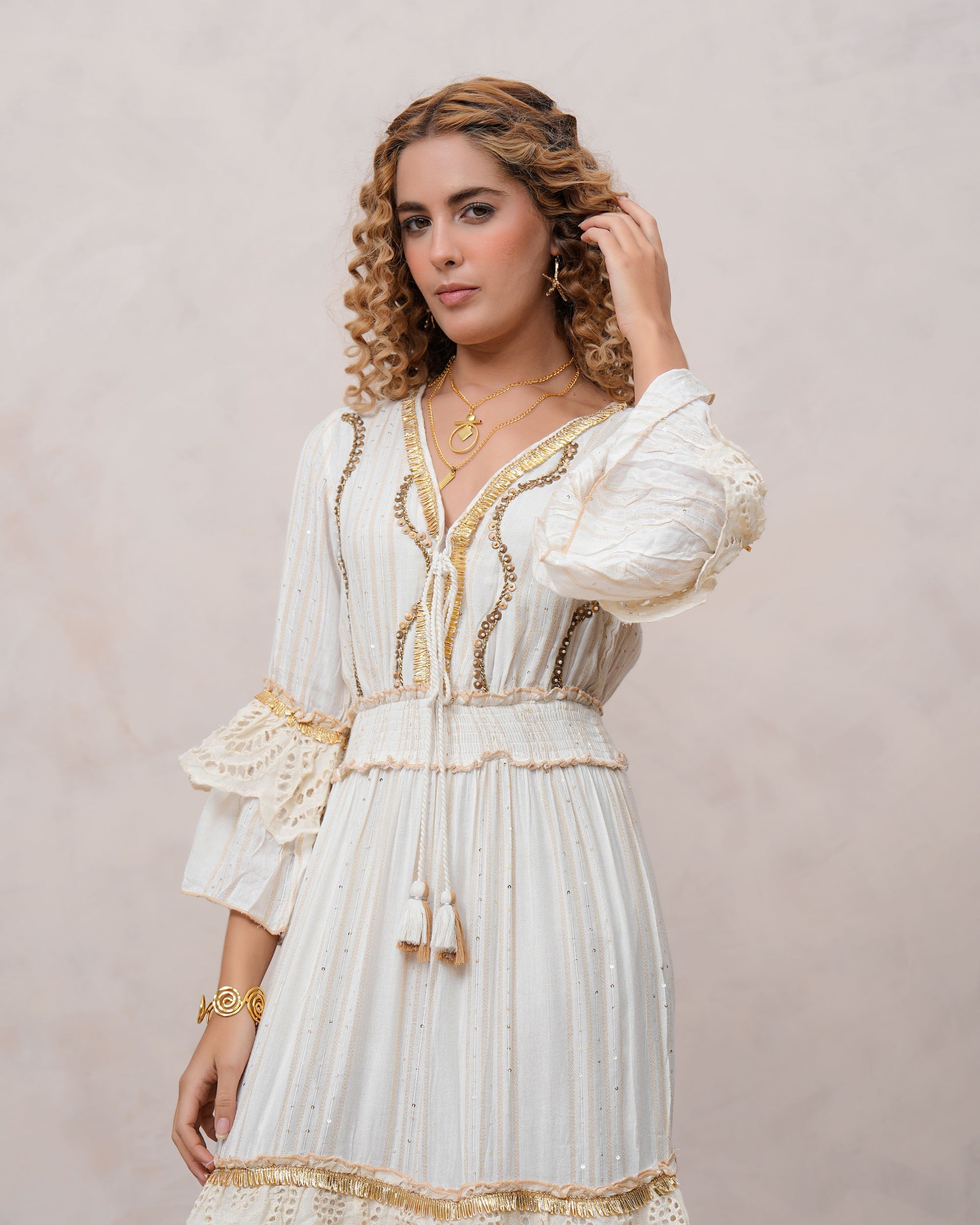 Women’s Off White Viscose Embroidered Maxi Dress with V-Neck