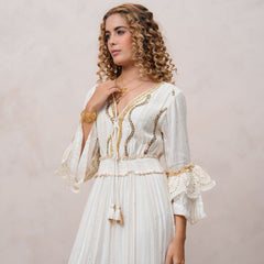 Women’s Off White Viscose Embroidered Maxi Dress with V-Neck