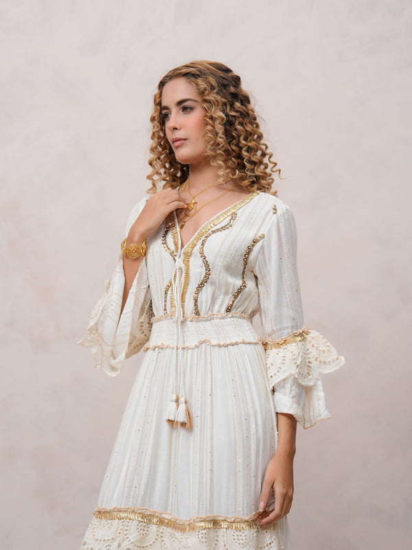 Women’s Off White Viscose Embroidered Maxi Dress with V-Neck