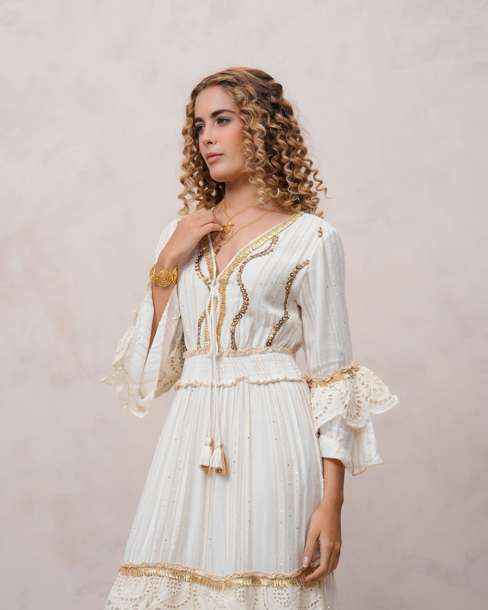 Women’s Off White Viscose Embroidered Maxi Dress with V-Neck