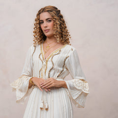 Women’s Off White Viscose Embroidered Maxi Dress with V-Neck
