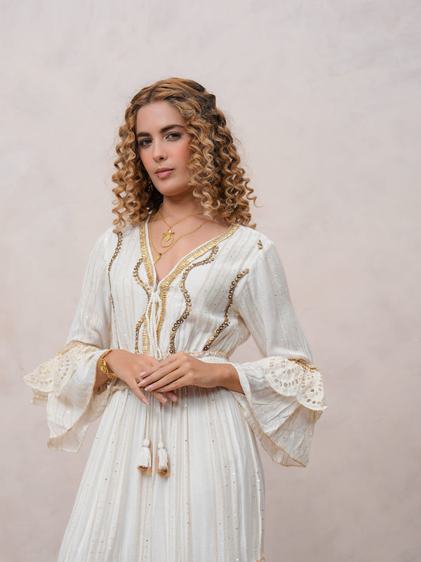 Women’s Off White Viscose Embroidered Maxi Dress with V-Neck