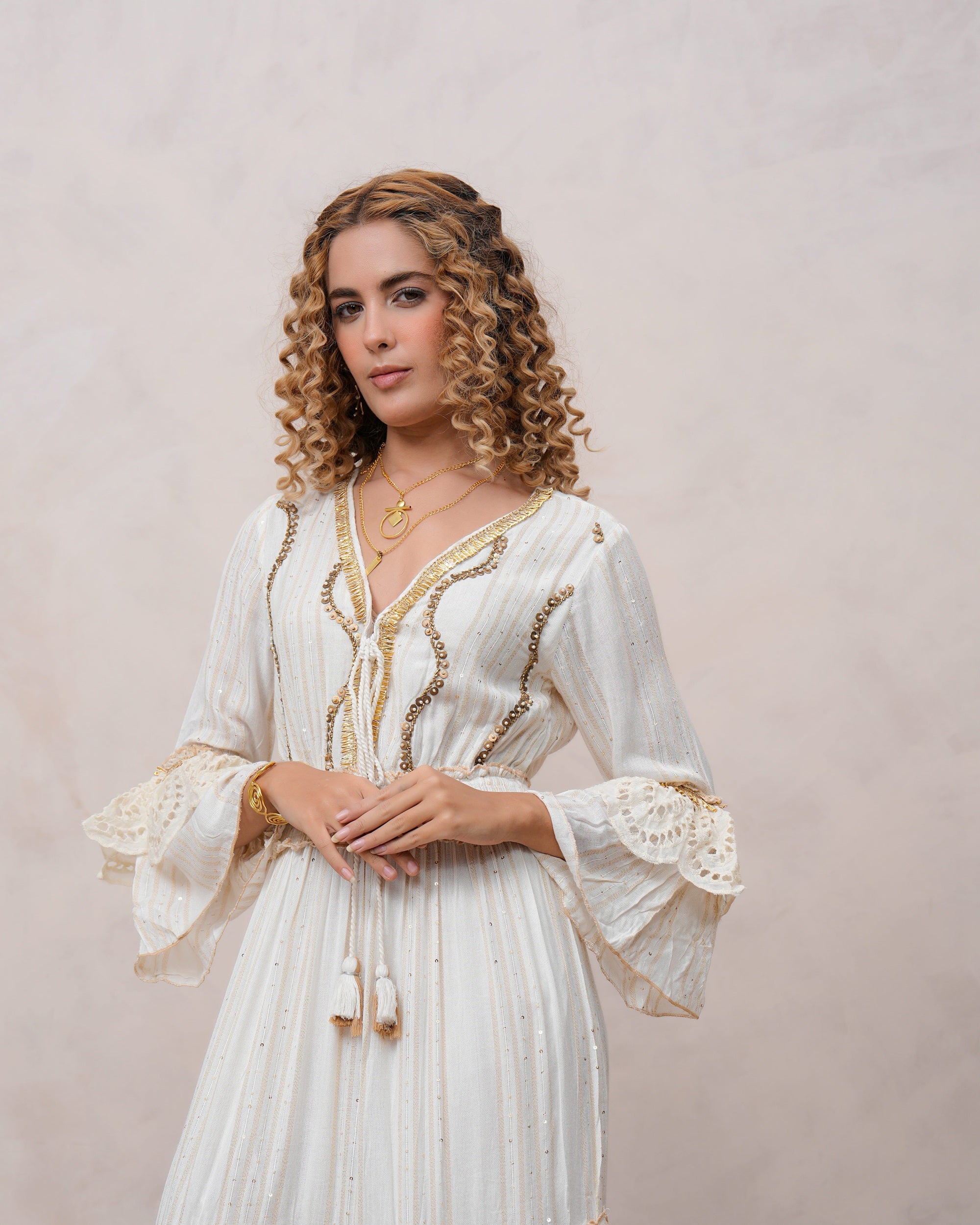 Women’s Off White Viscose Embroidered Maxi Dress with V-Neck