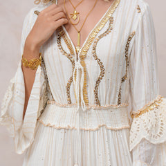 Women’s Off White Viscose Embroidered Maxi Dress with V-Neck
