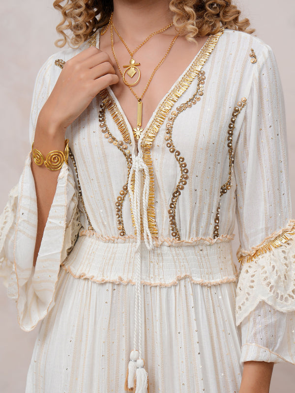 Women’s Off White Viscose Embroidered Maxi Dress with V-Neck