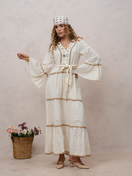 Women’s Off White Cotton Embroidered Maxi Dress