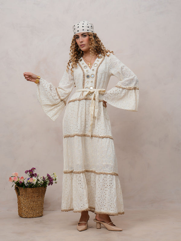 Women’s Off White Cotton Embroidered Maxi Dress