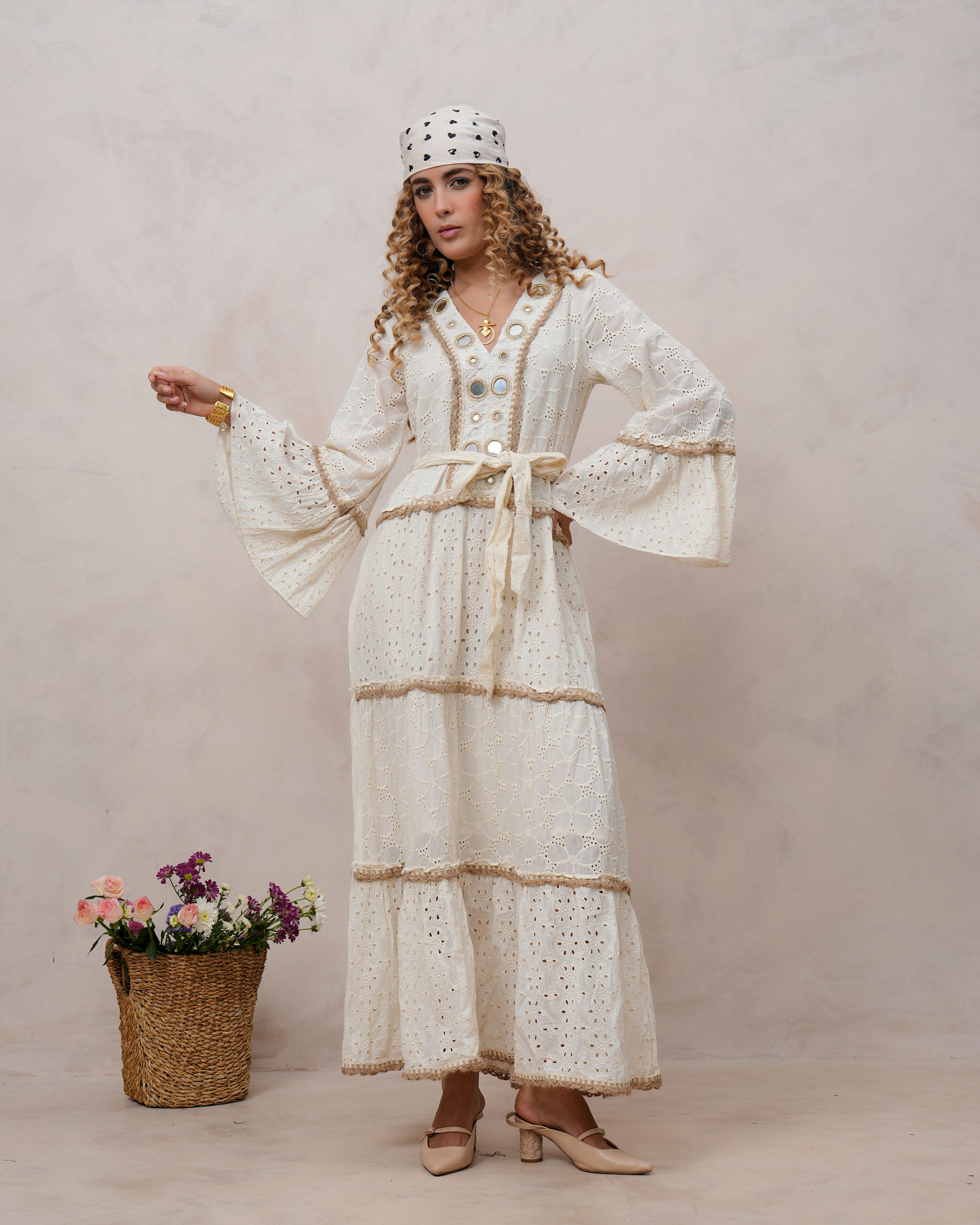 Women’s Off White Cotton Embroidered Maxi Dress