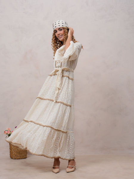 Women’s Off White Cotton Embroidered Maxi Dress