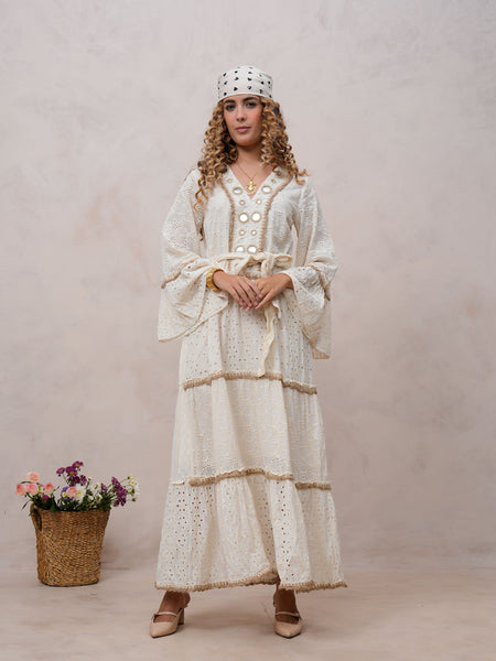 Women’s Off White Cotton Embroidered Maxi Dress