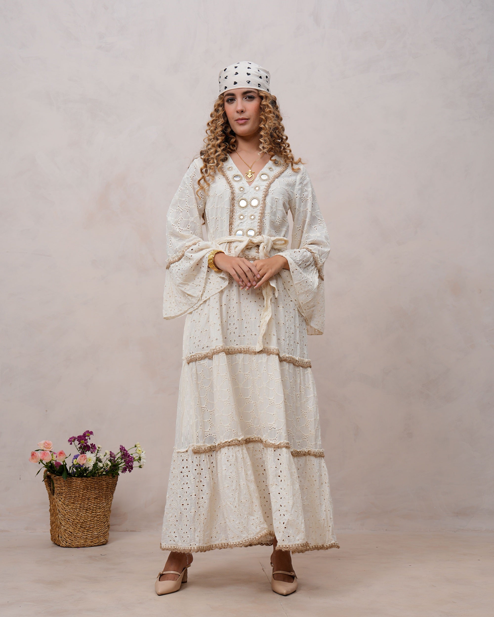 Women’s Off White Cotton Embroidered Maxi Dress