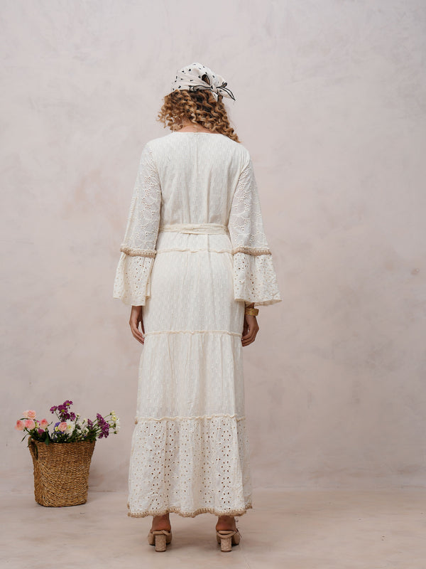 Women’s Off White Cotton Embroidered Maxi Dress