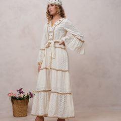 Women’s Off White Cotton Embroidered Maxi Dress