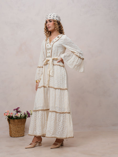 Women’s Off White Cotton Embroidered Maxi Dress