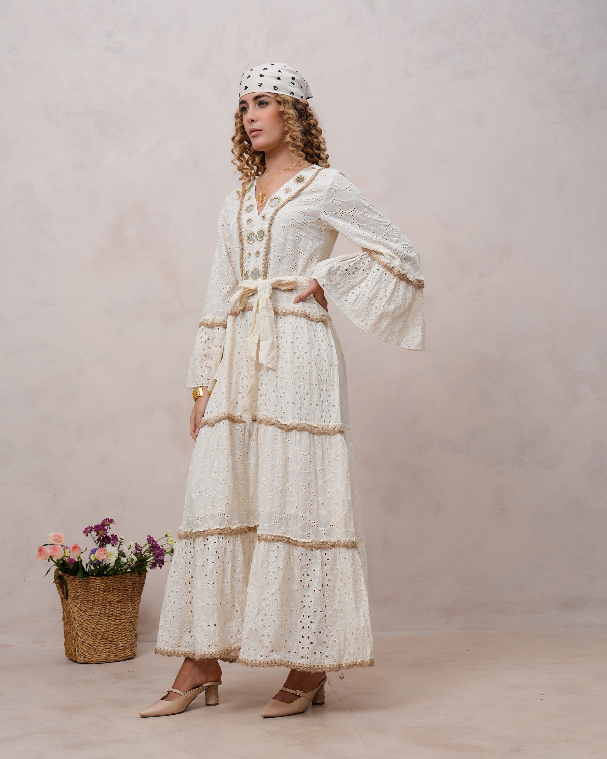 Women’s Off White Cotton Embroidered Maxi Dress
