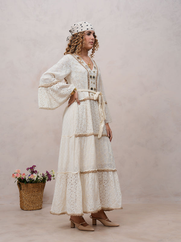 Women’s Off White Cotton Embroidered Maxi Dress