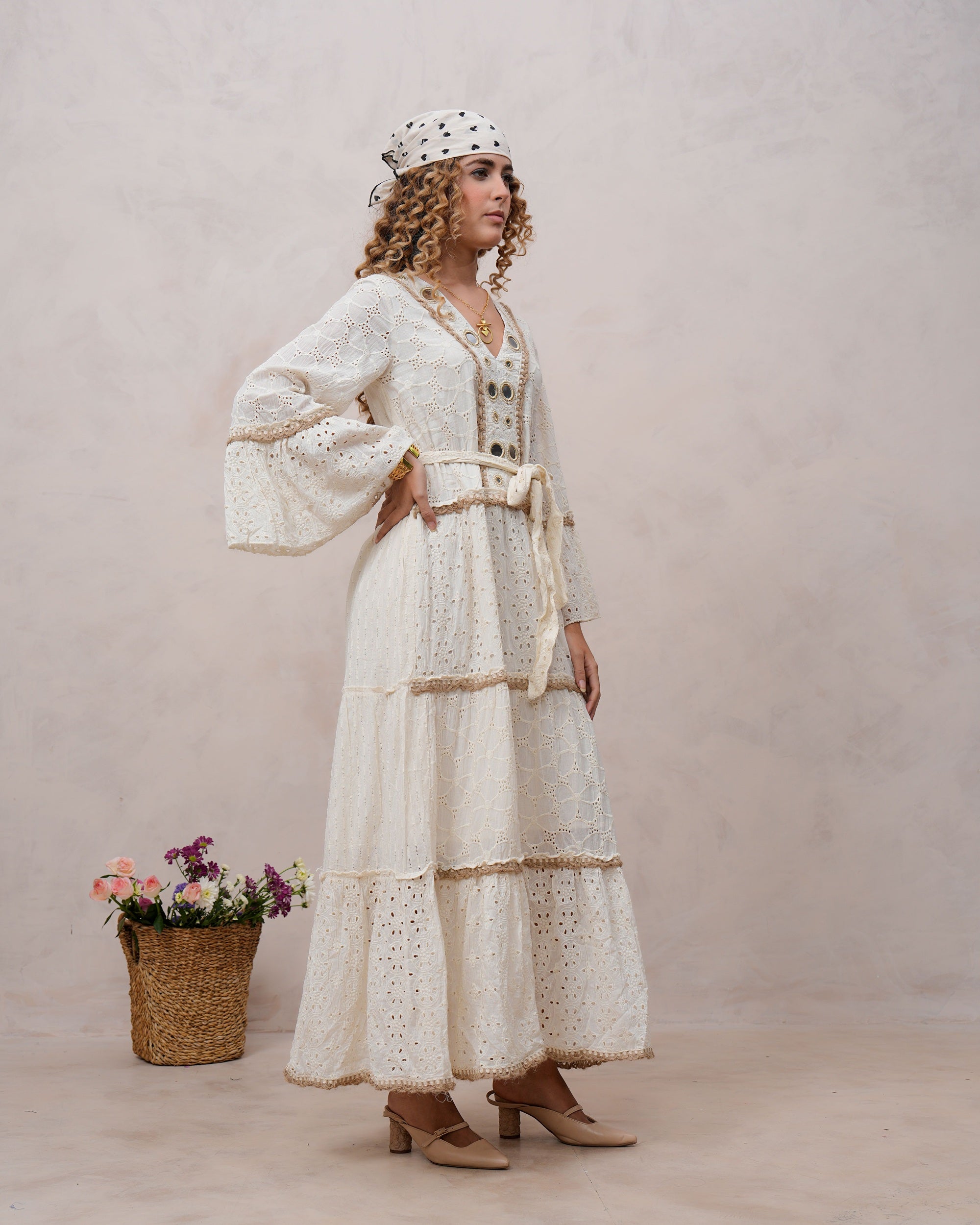 Women’s Off White Cotton Embroidered Maxi Dress