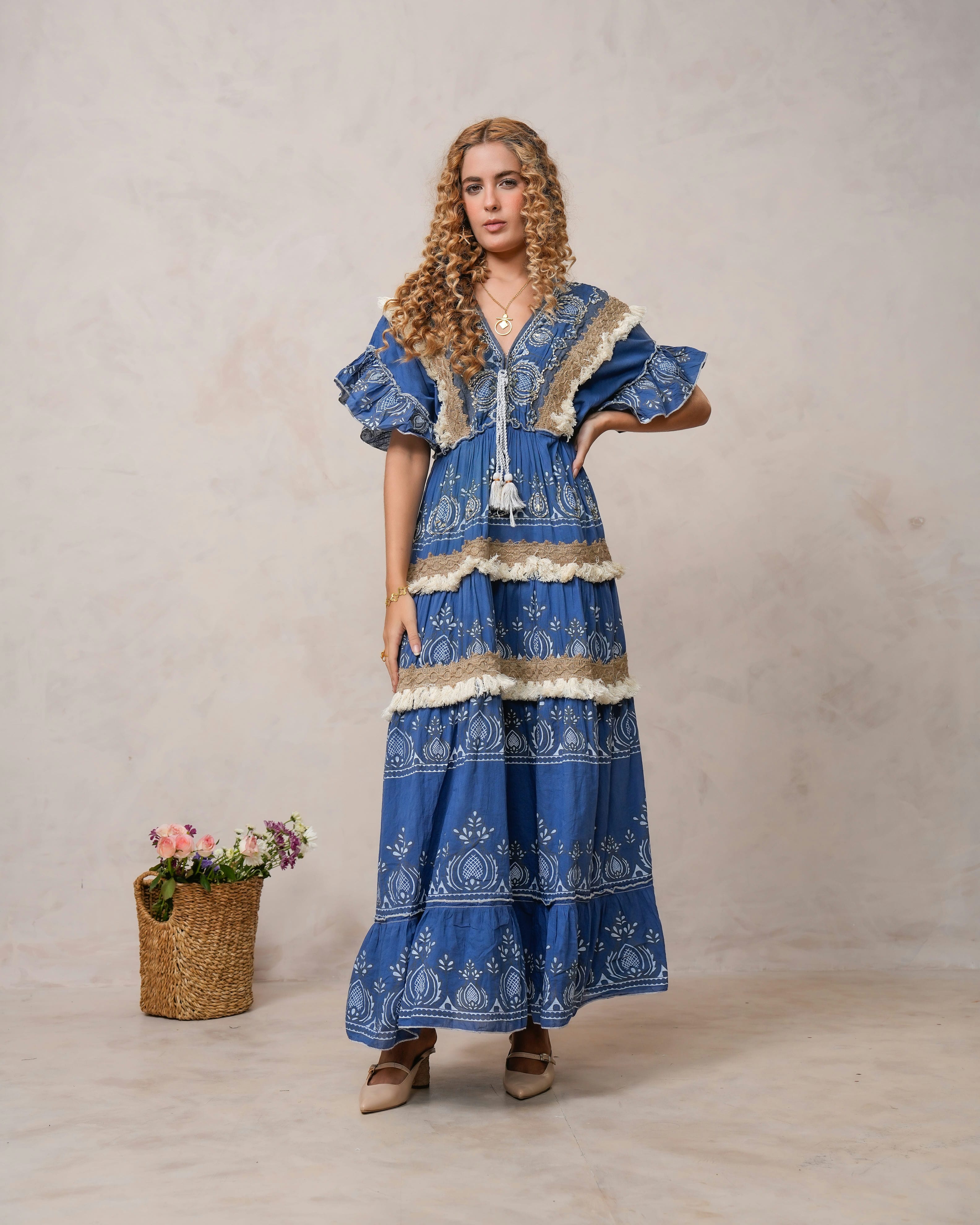 Women’s Dark Blue Cotton Embroidered Maxi Dress
