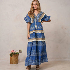 Women’s Dark Blue Cotton Embroidered Maxi Dress