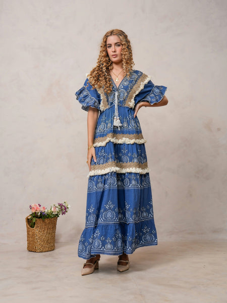 Women’s Dark Blue Cotton Embroidered Maxi Dress
