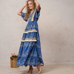 Women’s Dark Blue Cotton Embroidered Maxi Dress