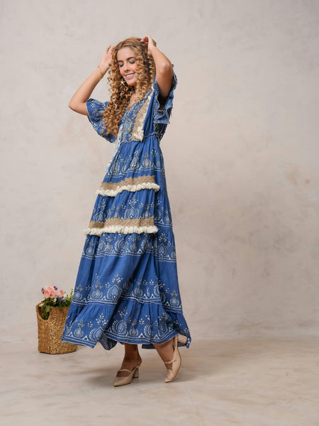 Women’s Dark Blue Cotton Embroidered Maxi Dress