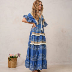Women’s Dark Blue Cotton Embroidered Maxi Dress