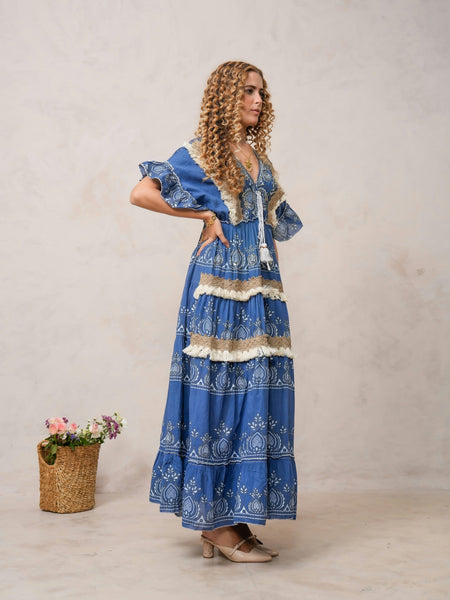 Women’s Dark Blue Cotton Embroidered Maxi Dress